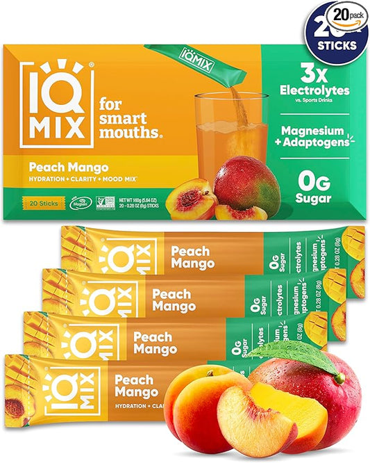 IQMIX Hydration Electrolyte Powder – 4-in-1 Formula for Hydration, Mental Clarity, Mood and Recovery – Sugar-Free Drink Mix, Keto, Magnesium L-Threonate, Lion’s Mane – 20 Count Peach Mango