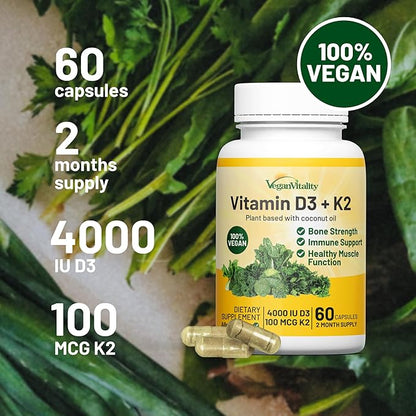 Vegan Vitality Brain & Body Balance Bundle: 120 Lions Mane Mushroom Nootropic Brain Support Supplement and 60 Vegan Vitamin D3 + K2 4000IU (100mcg)