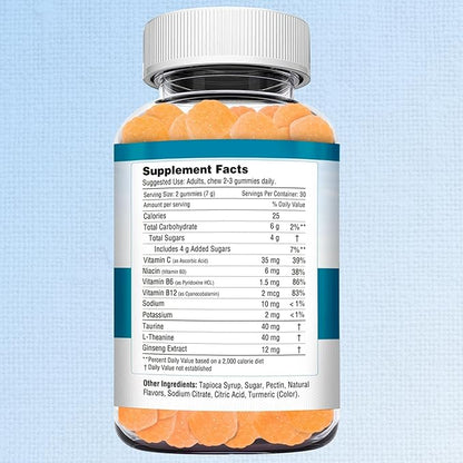 HERBION Naturals Taurine Gummies with Ginseng, L-Theanine, Vitamin C, B3, B6, & B12, Helps Support Mental Clarity & Concentration*, Natural Peach Flavor, Gluten-Free, 60 Pectin Gummies, Made in USA