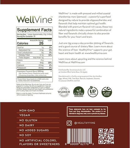 Nutrition Boosting Blend Supplement Powder for Brain, Gut & Heart Health | 100% Upcycled Chardonnay Grapes with Cocoa Flavanols| Plant-Based, Gluten and Allergen-Free for Men & Women | 12.7Oz