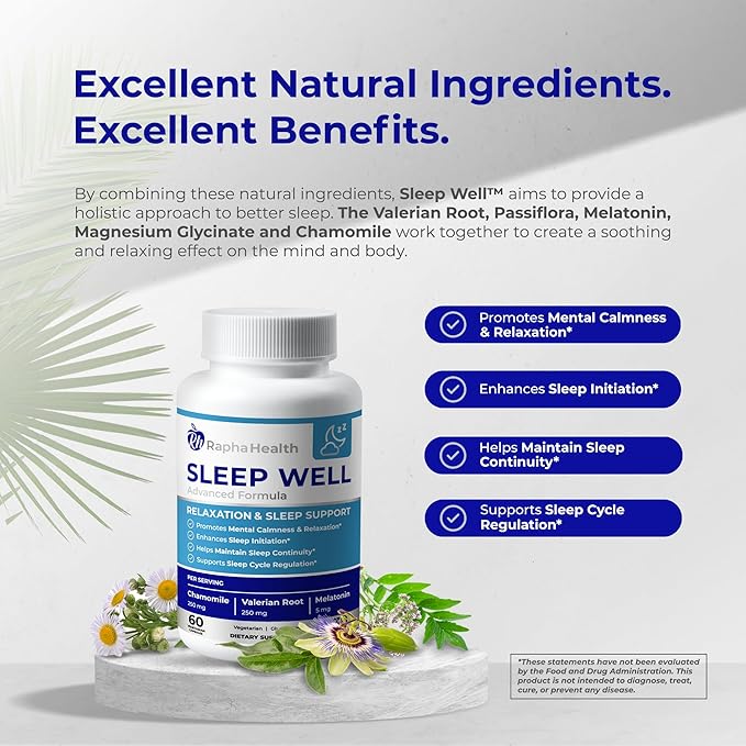 Sleep Well | Natural Sleep Aid with Magnesium Glycinate, Valerian Root, and Chamomile | Non-Habit Forming | 60 Capsules - 30 Nights of Restful Sleep