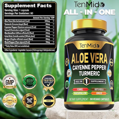 Aloe Vera Capsules Supplement - 8in1 Formula - Combine with Turmeric, Cayenne Pepper, Marshmallow, Fennel, Gotu Kola, Ginger, and Black Pepper - 90 Capsules for 3 Months Supply