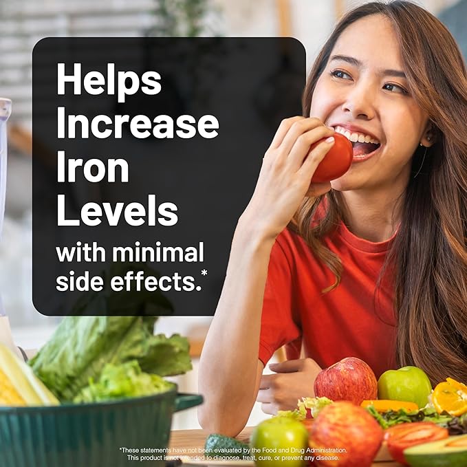 NatureWise Vegan Iron Supplement for Women & Men - Gentle on Stomach High Absorption - Coated Iron Bisglycinate Tablets + Vitamin C, Methyl B12, Folate & Organic Food Blend - 30 Tablets[30-Day Supply]