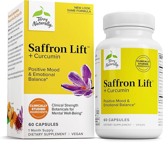 Terry Naturally Saffron Lift + Curcumin - Herbal Supplement with Curcumin - Non-GMO Saffron & Brain Curcumin Capsules - Concentration & Relaxation Support Supplement - 60 Capsules