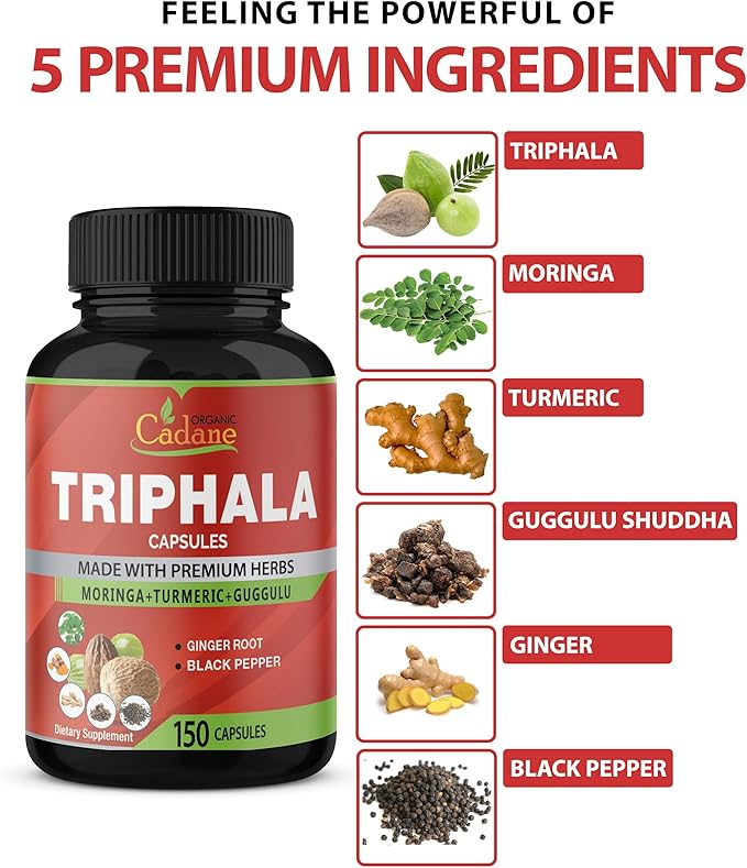 Organic Cadane Triphala Extract Capsules, 5 Months Supply with Turmeric, Guggulu, Ginger, Black Pepper, Moringa - Support Digestion Health & Immune System