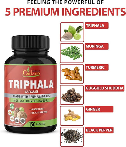 Organic Cadane Triphala Extract Capsules, 5 Months Supply with Turmeric, Guggulu, Ginger, Black Pepper, Moringa - Support Digestion Health & Immune System
