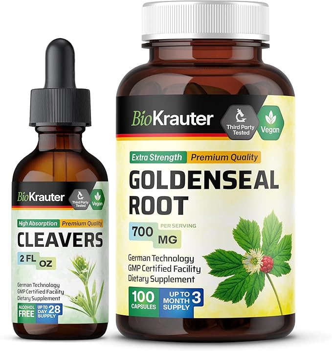BIO KRAUTER Cleavers Tincture 2 Fl. Oz. & Goldenseal 100 Capsules