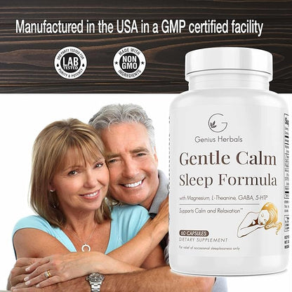 Gentle Calm Sleep Formula with Magnesium, L-Theanine, Melatonin, GABA, 5-Htp | Sleep Aid | Non-GMO - 60 Capsules