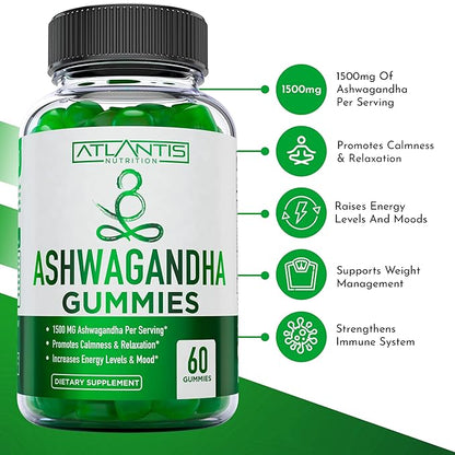 Atlantis Nutrition Ashwagandha Gummies - 1500 MG Per Serving - Promotes Calmness, Improves Mood, Boosts Energy Levels & Strengthens Immune System - Formulated with Vitamin D & Zinc - Vegan | 60 Count