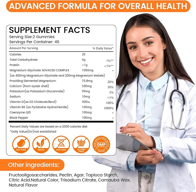 Magnesium Glycinate Gummies 1000mg - 90 Ct | Magnesium Potassium Supplements for Relaxation, Stress Relief, with Vitamin D, B6, CoQ10 for Calm Mood & Sleep Support - Orange Gummies