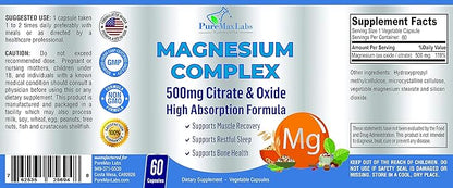 High Absorption Magnesium Citrate Complex 500mg Magnesium Citrate & Oxide – Supports Calm Sleep, Muscle Cramp Relief, Muscle Recovery, Healthy Teeth & Bones, Non-GMO – 60 Vegetable Capsules