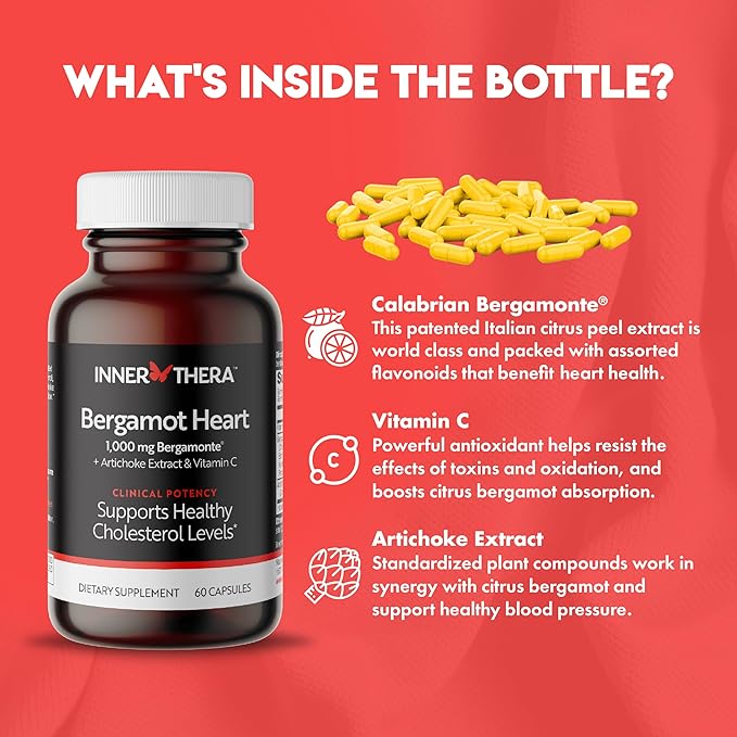 Bergamot Heart -1000mg Certified Bergamonte Citrus Bergamot - Cardiologist Developed & Clinically Proven - Highest Polyphenols - Supplement for High Cholesterol & Heart Health