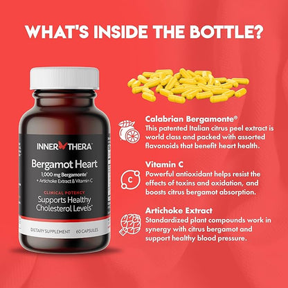 Bergamot Heart -1000mg Certified Bergamonte Citrus Bergamot - Cardiologist Developed & Clinically Proven - Highest Polyphenols - Supplement for High Cholesterol & Heart Health