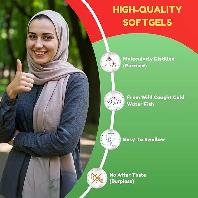 Halal Fish Oil Softgels 120 Ct, Double Strength - Halal Omega 3 Fish Oil Supplements. Wild Caught, Non-GMO & Purified
