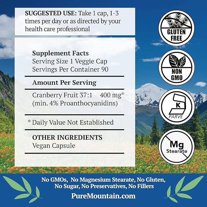 Pure Mountain Botanicals Cranberry Pills Kosher Vegan Capsules with 400mg Cranberry Concentrate Extract Supplement