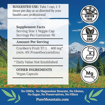Pure Mountain Botanicals Cranberry Pills Kosher Vegan Capsules with 400mg Cranberry Concentrate Extract Supplement