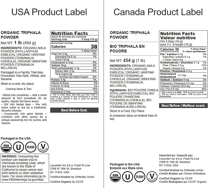 Food to Live Organic Triphala Powder, 1 Pound – Natural Detox, Blend from Fruits Amalaki, Haritaki and Bibhitaki, Non-GMO, Perfect for Tea and Smoothies, Vegan, Kosher, Bulk