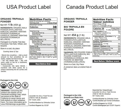 Food to Live Organic Triphala Powder, 1 Pound – Natural Detox, Blend from Fruits Amalaki, Haritaki and Bibhitaki, Non-GMO, Perfect for Tea and Smoothies, Vegan, Kosher, Bulk