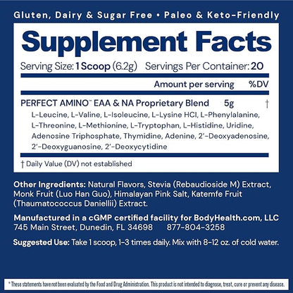 BodyHealth PerfectAmino Powder - BCAA and EAA Powder for Pre and Post Workout - Amino Acid Energy Drink for Men and Women to Support Lean Muscle and Recovery - Vanilla - 20 Servings