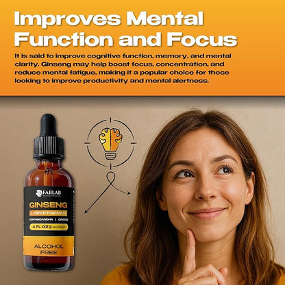 FabLab Ginseng L-Tryptophan Liquid Extract, Ashwagandha, Ginkgo, Red Korean Panax – Cognitive Support, Stress Relief, Energy Booster, 4 fl oz