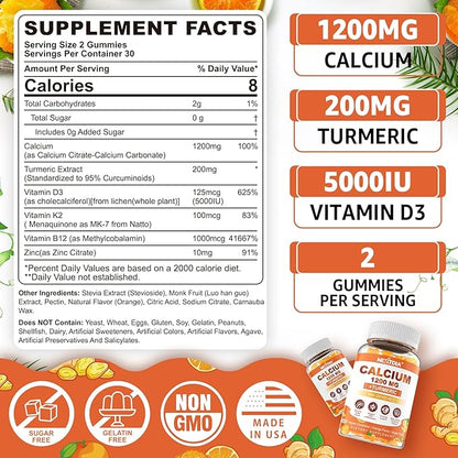 Calcium Gummies with Turmeric for Women & Men - Calcium 1200mg with Vitamin D3 K2 B12 5000 IU & Zinc, Suger-Free Calcium Supplements for Bone, Muscle & Immune Support - Vegan(120 Count)