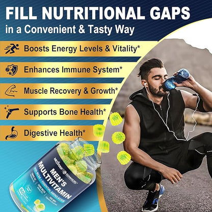 Methylated Multivitamin for Men Gummies, BCAA Amino Acids, Zinc, Vitamin A C D3 E K2 B6 B12 Biotin Calcium, Magnesium, Lycopene, Digestive Enzymes - Energy Muscle Immunity - Sugar Free, Vegan, 60 Cts