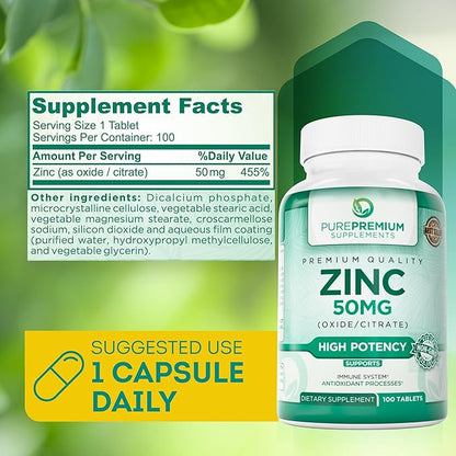 PurePremium Natural Zinc 50mg Supplements for Men & Women - High Potency Vitamin Zinc Citrate/Oxide for Adults, Immune Antioxidant, Energy Support - 100 Tablets