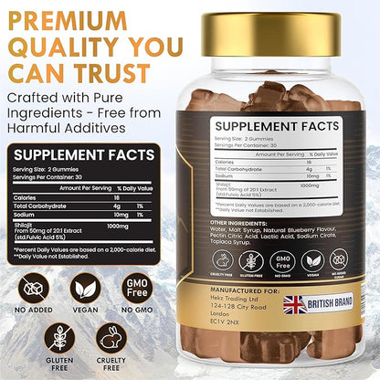 Shilajit Gummies - Shilajit for Men and Women, Himalayan Shilajit with 85+ Minerals, Energy Boosting & Immunity Support, High Strength 30000mg, Pure Shilajit Gummies - 1 Month Supply Per Bottle