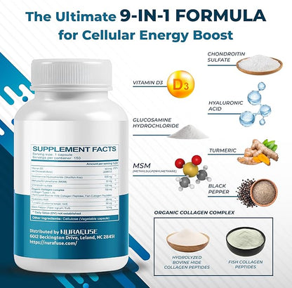 GLUCOSAMINE 9-in-1 Formula - with MSM Chondroitin Collagen Turmeric Hyaluronic Acid Vitamin D3 Non-GMO, Gluten-Free, Soy-Free