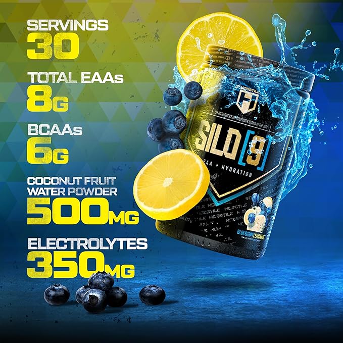 HOSSTILE SILO[9] Essential Amino Acids, EAA & BCAA Powder, Electrolyte Hydration Support, Enhance Muscle Recovery, Build Lean Muscle, Pre or Post Workout Drink, Blueberry Lemonade, 30 Servings