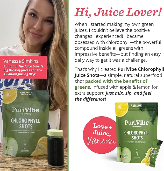 All About Juicing PuriVibe Chlorophyll Shots | Superfood Juice Powder, Wellness Shot Supplement - 2X Strength - Green Juice - Infused with Lemon & Apple - 15 Stick Packs