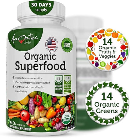 Organic Superfood Greens Fruits and Veggies Complex - Best Dietary Supplement with 14 Greens &14 Fruits & Vegetables with Alfalfa Rich in Antioxidants Organic Ingredients Non-GMO (180 Count Pack of 3)