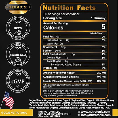 NutroTonic® Organic SHILAJIT Gummies | Apple Cinnamon Flavor | No Added Sugar, Sweetened by Manuka Honey | Clean Formula | Natual Source of Urolithin | Heart, Brain, Cellular Health | 30 Gummies