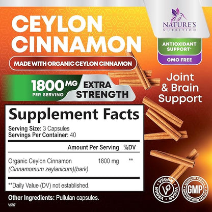 Organic Ceylon Cinnamon Supplement 1800mg - Certified Organic Ceylon Cinnamon Powder Pills - Energy & Heart Support for Women & Men, Bottled in USA, Antioxidant, Gluten Free, Non-GMO - 120 Capsules