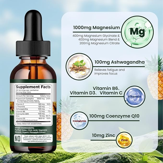 Triple Magnesium Complex Supplement, Magnesium Glycinate, threonate, Citrate Liquid Drops 1000mg with Ashwagandha, CoQ10, Vitamin B6, C, D, Zinc - Vegan Pineapple Flavor
