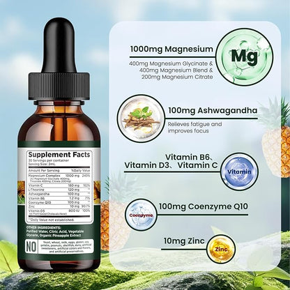 Triple Magnesium Complex Supplement, Magnesium Glycinate, threonate, Citrate Liquid Drops 1000mg with Ashwagandha, CoQ10, Vitamin B6, C, D, Zinc - Vegan Pineapple Flavor
