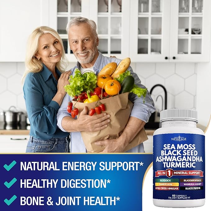 NEW AGE Sea Moss Capsules Black Seed Oil Ashwagandha Turmeric Bladderwrack Burdock - with Manuka, Honey Dandelion, ACV Black Pepper Gluten Free