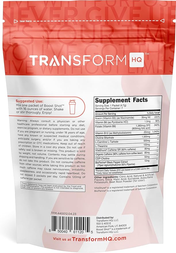 TransformHQ Boost Shot Powder Drink Stick Packets, Strawberry Lemonade, 7 Pack, Energy Supplements for Women & Men, with Caffeine, Vitamin B12, B9, B6 & B3