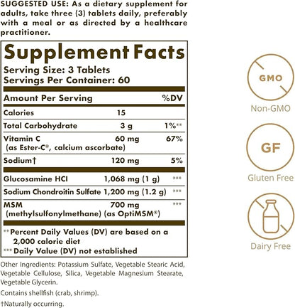Solgar Extra Strength Glucosamine Chondroitin MSM w/ Ester-C, 180 Tablets - Promotes Healthy Joints, Supports Comfortable Movement & Collagen Formation - Non-GMO, Gluten No, Dairy No - 60 Servings
