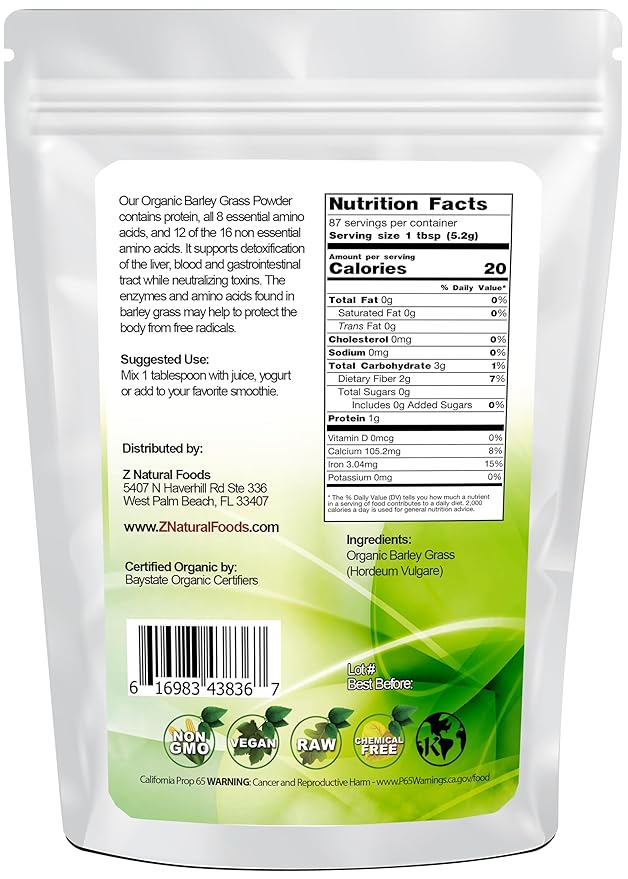 Z Natural Foods Organic Barley Grass Powder - USDA Organic Whole Food Green Blend for Energy Boost, Detox & pH Balance with Amino Acids, Minerals - Antioxidant Mix for Juice, Water, Smoothies, 1 lb