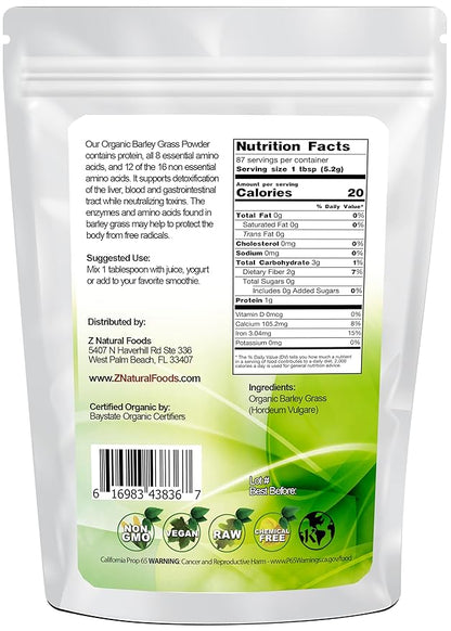Z Natural Foods Organic Barley Grass Powder - USDA Organic Whole Food Green Blend for Energy Boost, Detox & pH Balance with Amino Acids, Minerals - Antioxidant Mix for Juice, Water, Smoothies, 1 lb