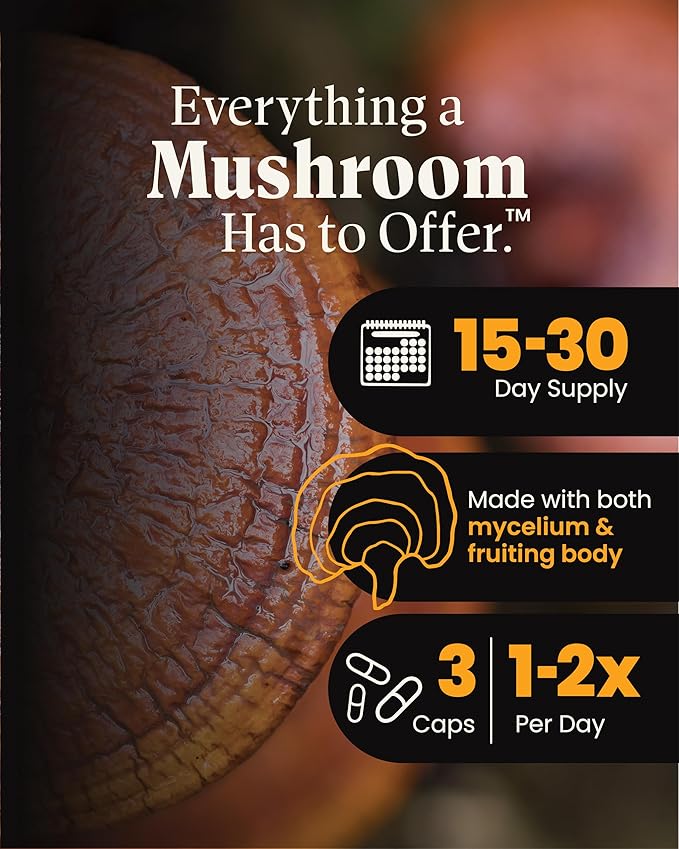 Organic Red Reishi Mushroom Capsules, Reishi Mushroom Powder Supplement, Immune Support, Traditional Nervous System Support & Cardiovascular Health, 90 Vegan Capsules