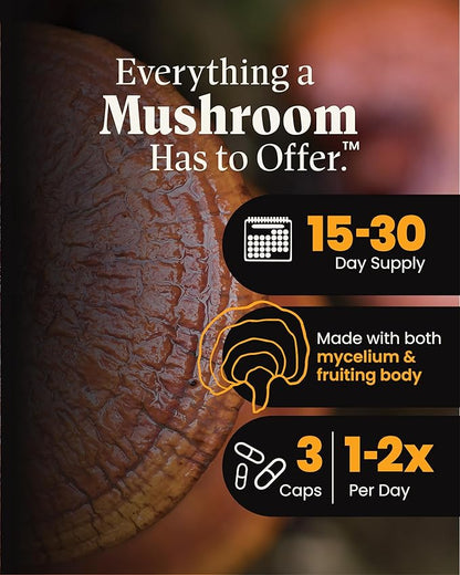 Organic Red Reishi Mushroom Capsules, Reishi Mushroom Powder Supplement, Immune Support, Traditional Nervous System Support & Cardiovascular Health, 90 Vegan Capsules