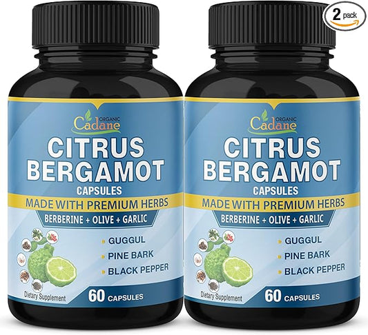 Organic Cadane 2 Packs Citrus Bergamot Extract Capsules with Berberine, Olive, Guggul, Garlic, Pine Bark, Black Pepper | 4 Months Supply