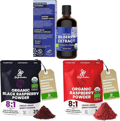 Wild Bilberry Extract for Eyes USDA Organic 3.4oz Bottle, Black Red Raspberry Powders Bundle 5 Ounce Bag, Freeze Dried Raspberries for Baking Smoothies Dehydrated Fruit