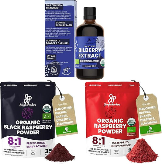 Wild Bilberry Extract for Eyes USDA Organic 3.4oz Bottle, Black Red Raspberry Powders Bundle 5 Ounce Bag, Freeze Dried Raspberries for Baking Smoothies Dehydrated Fruit