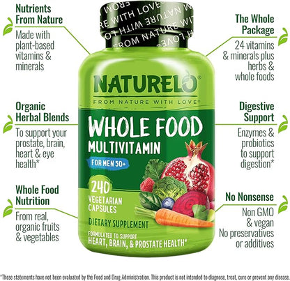 NATURELO Whole Food Multivitamin for Men 50+ - with Vitamins, Minerals, Organic Herbal Extracts - Vegan Vegetarian - for Energy, Brain, Heart and Eye Health - 240 Capsules
