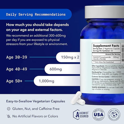 TRU NIAGEN - Patented Nicotinamide Riboside NAD+ Supplement. NR Supports Cellular Energy Metabolism & Repair, Vitality, Healthy Aging of Heart, Brain & Muscle - 60 Servings / 120 Capsules