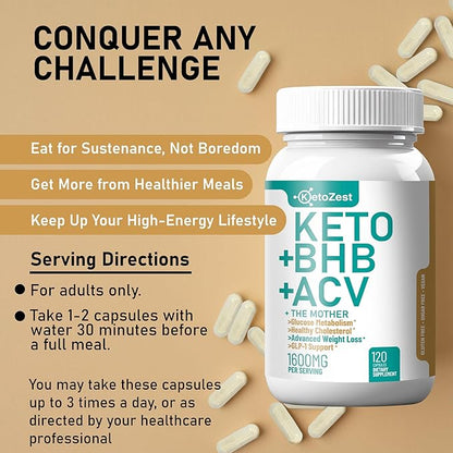 Keto ACV BHB Capsules 1600mg for Advanced Weight Loss & Belly Fat Burn - Organic Apple Cider Vinegar with The Mother Ketones Vegan Supplement - with Vitamin D3 Zinc Chromium for Men Women