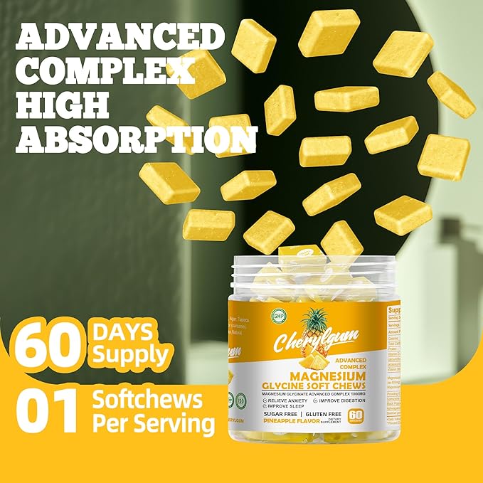 Magnesium Glycinate Soft Chews, Pineapple Flavor.Chewable Sugar Free Potassium Magnesium Chews with Magnesium Glycinate, Vitamin D, B6, and CoQ10 for Calm Support & Sleep for Adults, 60 Days Supply